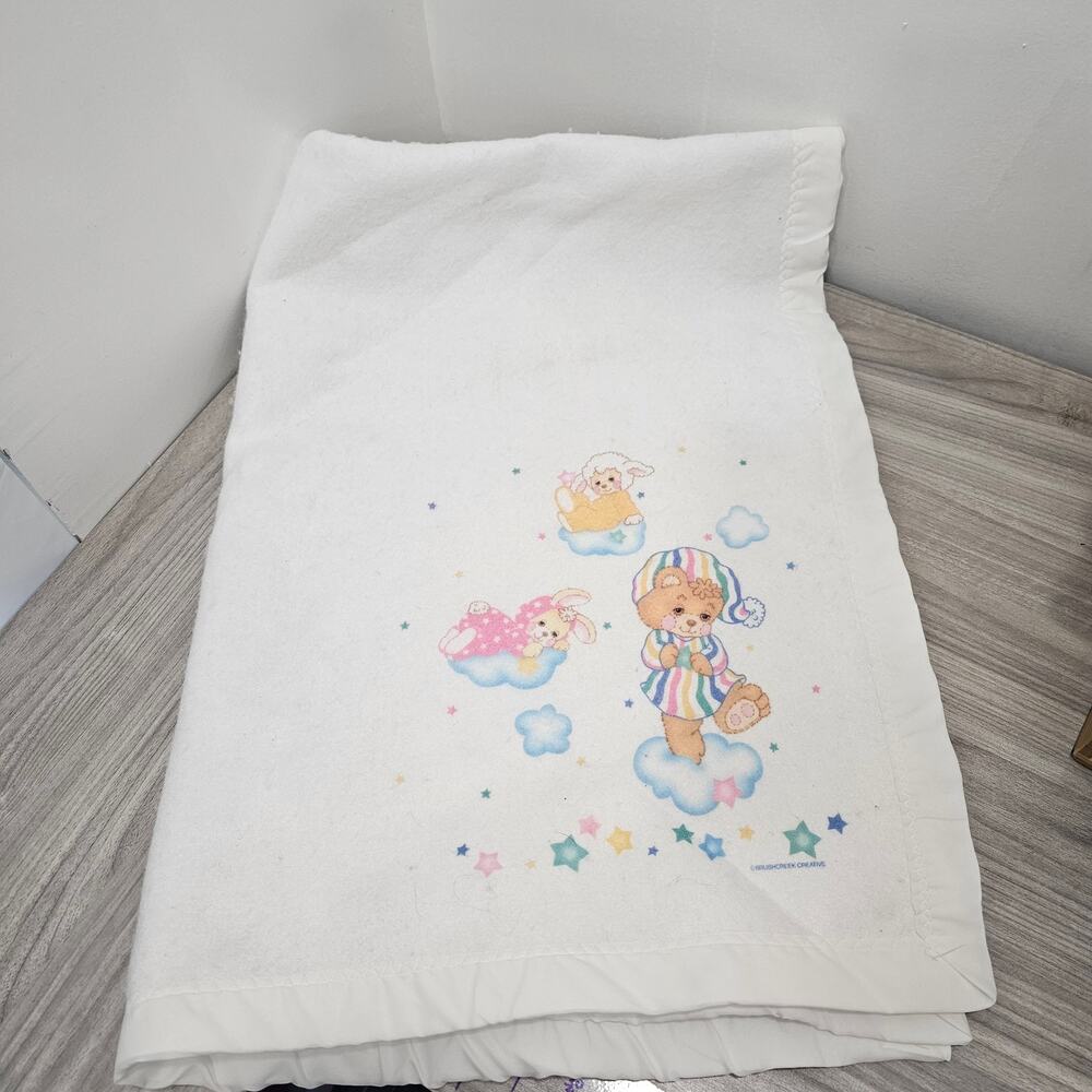 Reigel USA Brushcreek Creative Fleece Satin White Baby Blanket Bear Cloud Sleepy